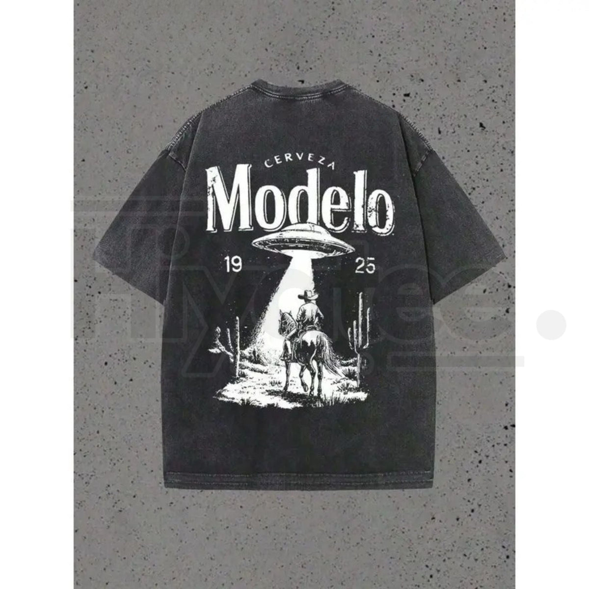 Modelo UFO Cowboy Vintage Washed T-Shirt – 230g Heavyweight Retro Streetwear