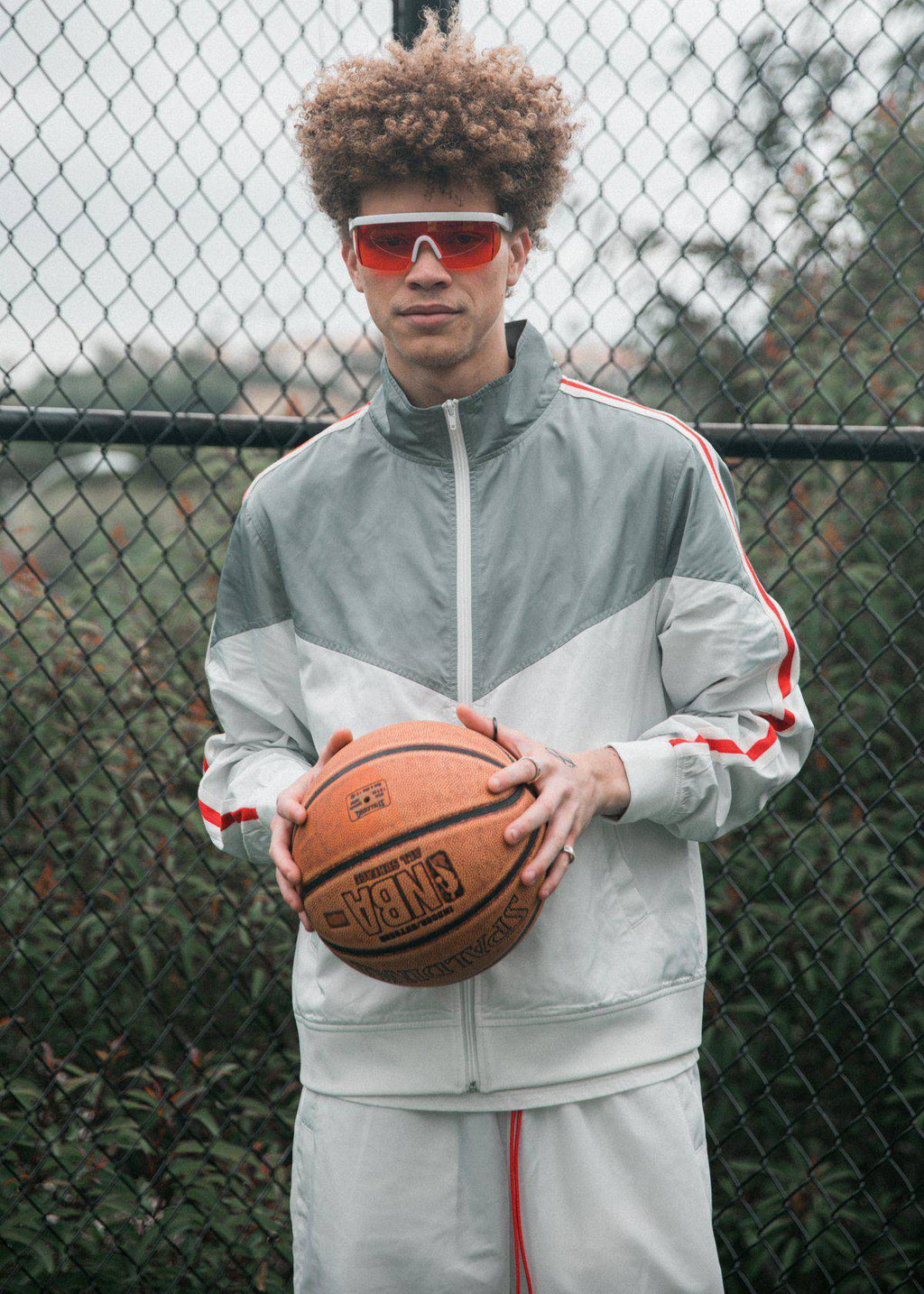 Men's Retro Swishy Track Jacket in White/Grey - Blank State