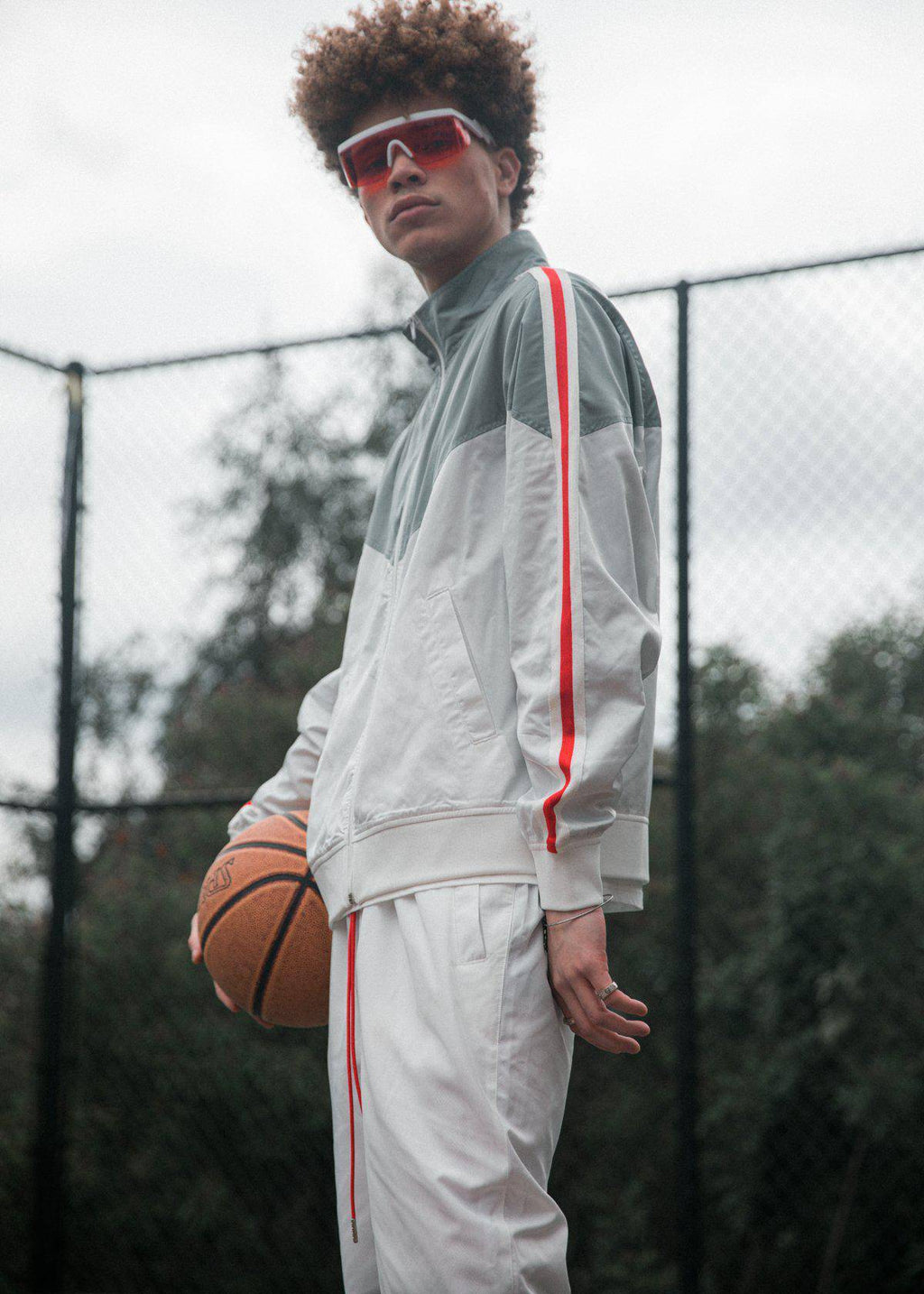 Men's Retro Swishy Track Jacket in White/Grey - Blank State