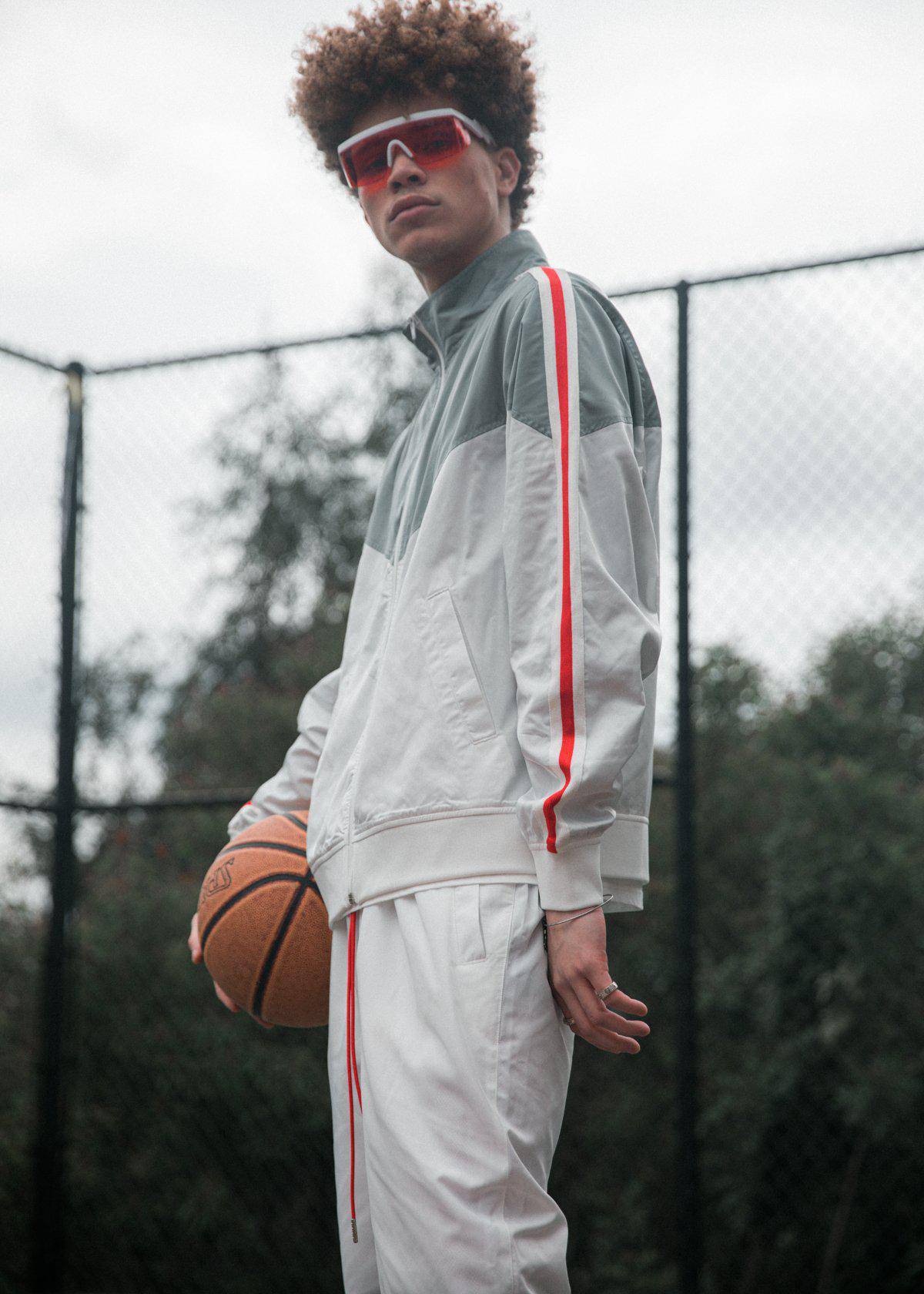 Men's Retro Swishy Track Jacket in White/Grey - Blank State
