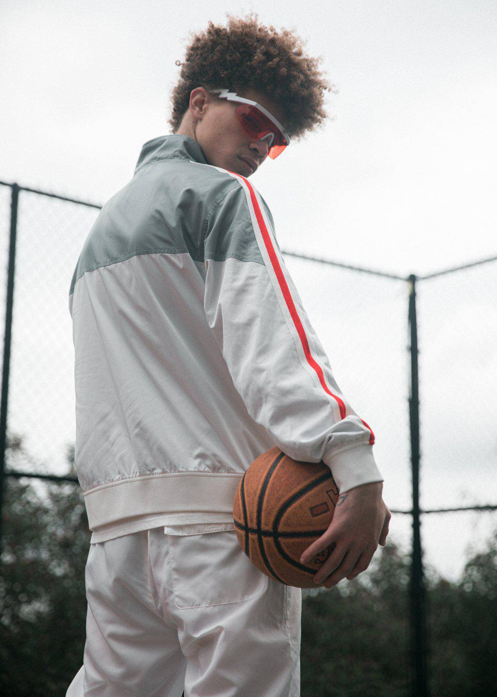 Men's Retro Swishy Track Jacket in White/Grey - Blank State