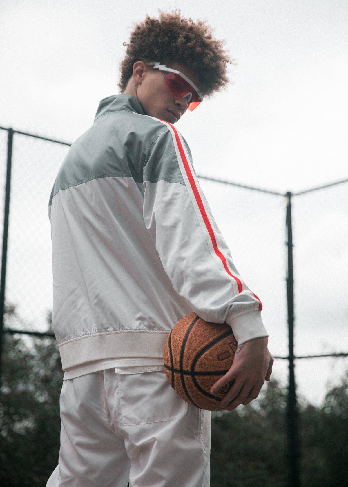 Men's Retro Swishy Track Jacket in White/Grey - Blank State