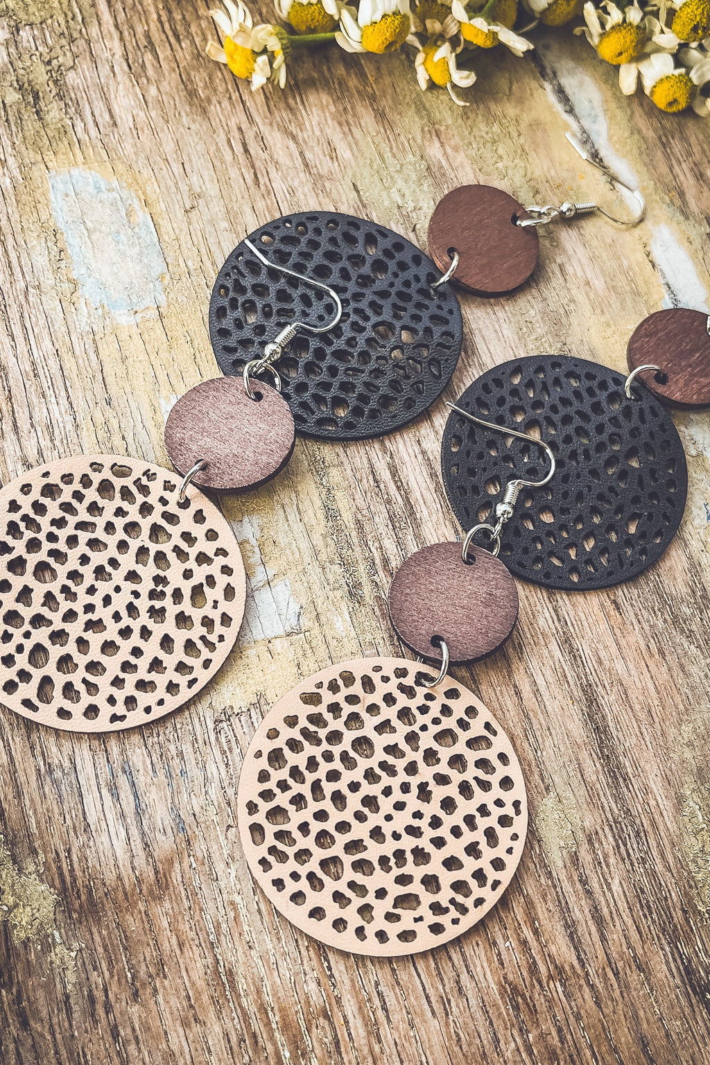Beautiful Cream Leather and Wood Earrings