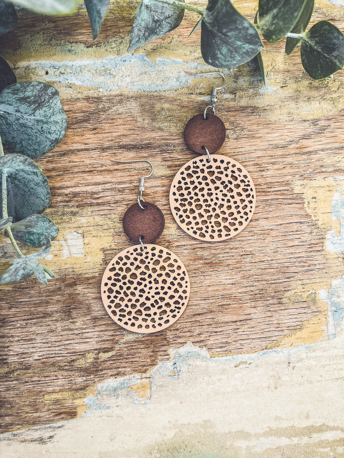 Beautiful Cream Leather and Wood Earrings