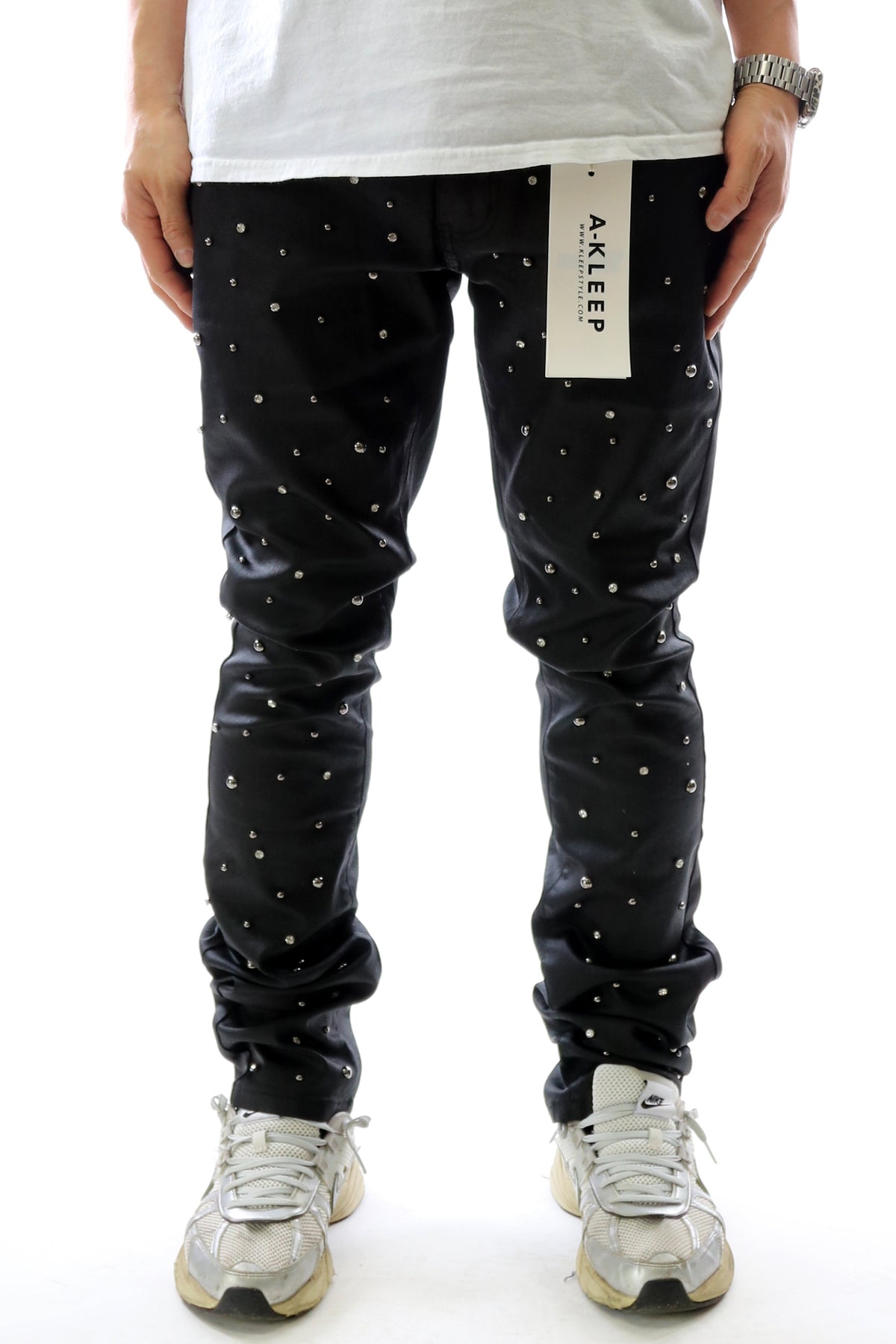 CLAY Men's Premium Wax Coated Skinny Denim Pants with Crystal Stud in front