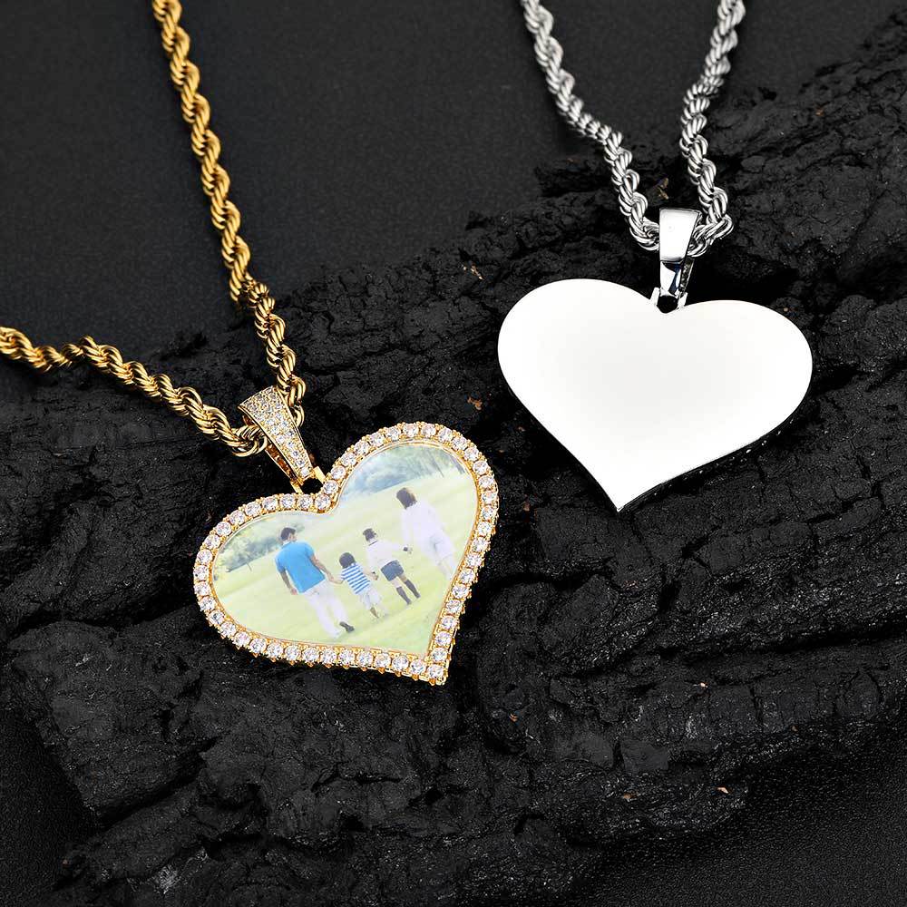 Heart-Shaped Photo Pendant Necklace with Cubic Zirconia Accents in Gold or White Gold