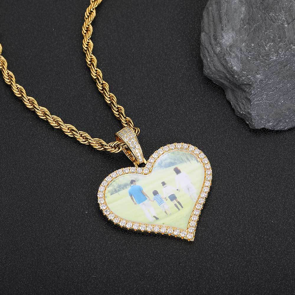 Heart-Shaped Photo Pendant Necklace with Cubic Zirconia Accents in Gold or White Gold