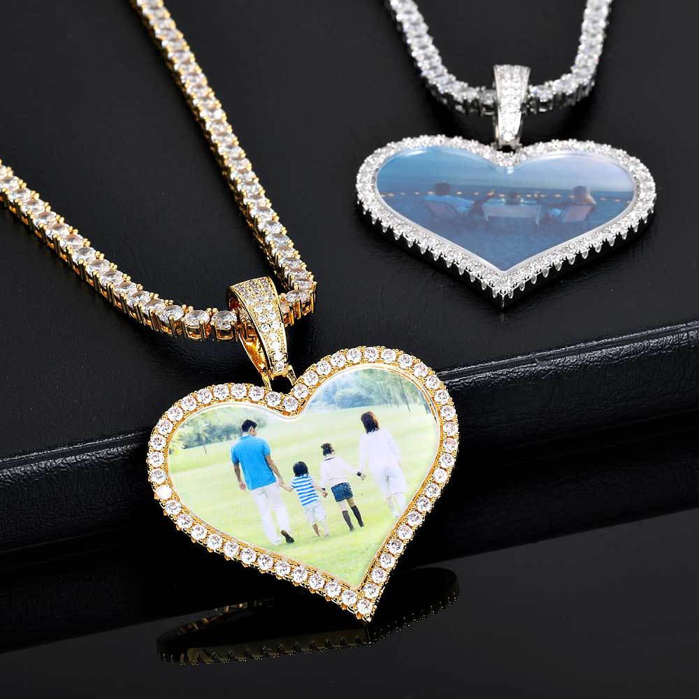 Heart-Shaped Photo Pendant Necklace with Cubic Zirconia Accents in Gold or White Gold