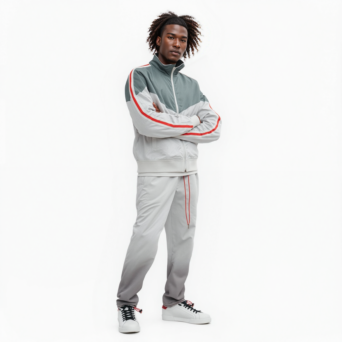 Men's Retro Swishy Track Jacket in White/Grey - Blank State