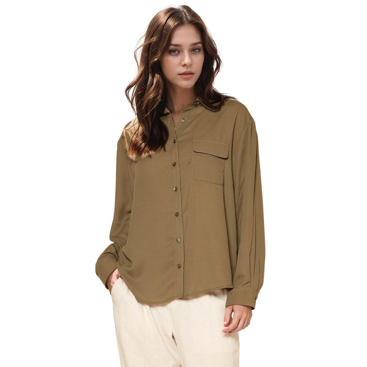 Pleione Women's Solid Low Back Button Shirt in Olive