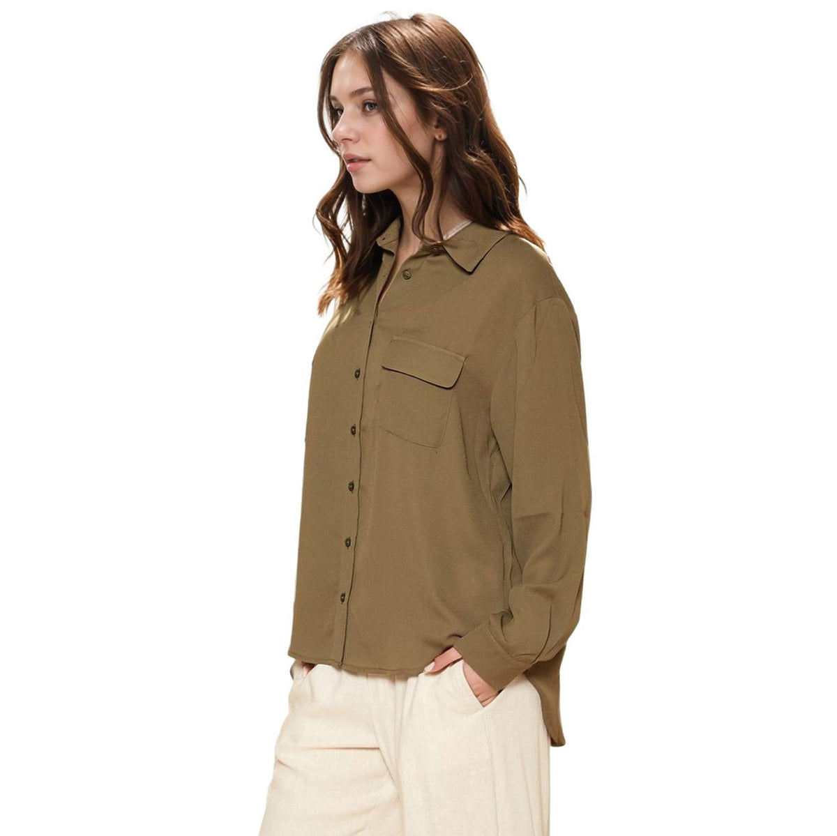 Pleione Women's Solid Low Back Button Shirt in Olive
