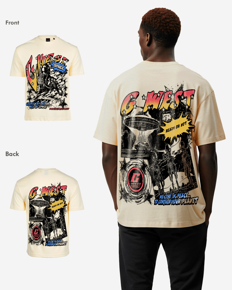 G West Mens Cosmic Sky Ride Double Hit Premium Oversized  Tee Front And Back Print